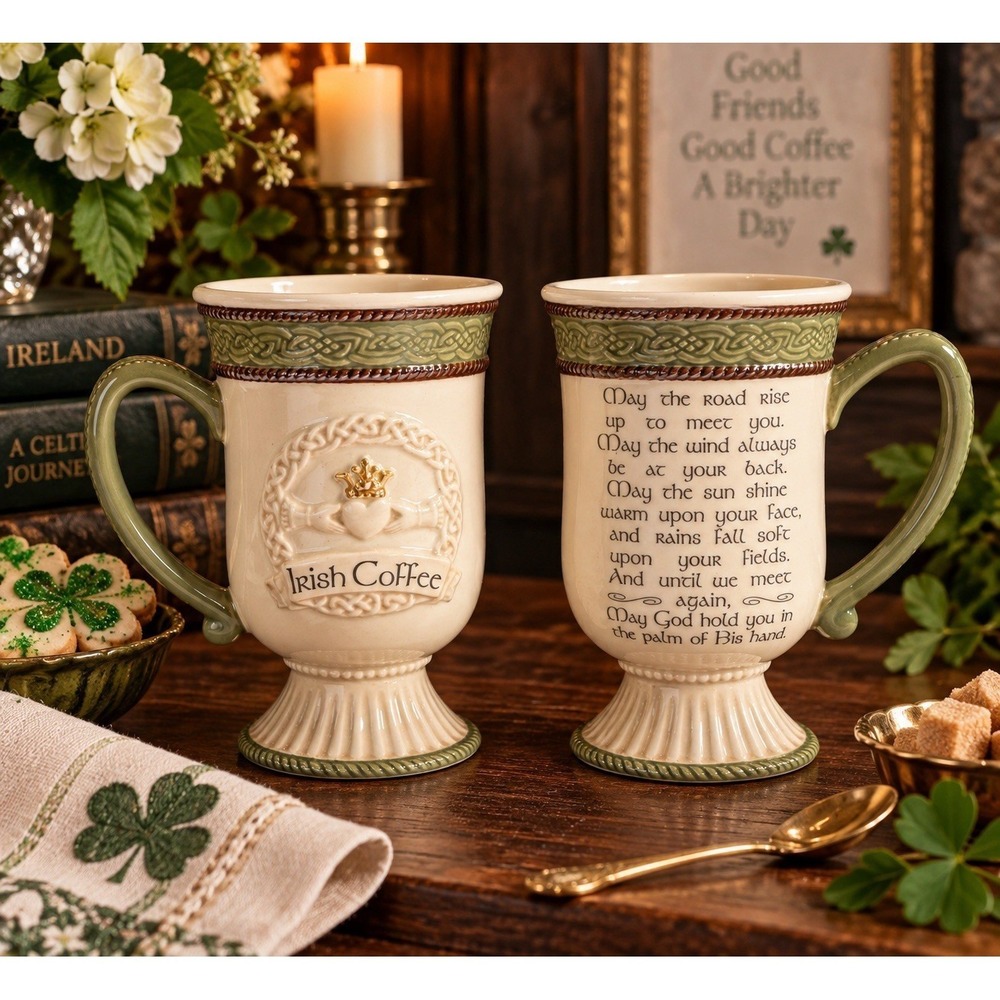 Grasslands Road Celtic Traditions Irish Coffee Mugs Claddagh Set of 2